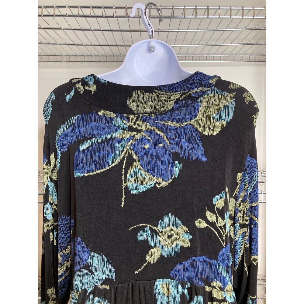 Fiber Arts Womens Liquid Knit Black Blue Dark Floral Blouse Est Sz 3X‎ Flowy - Picture 9 of 11